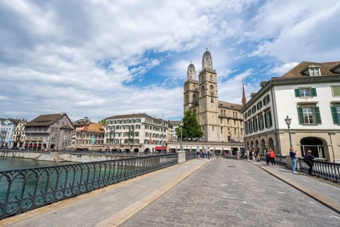 Münsterbrücke and Grossmünster, historic bridge over the Limmat, Old Town, Zurich, Switzerland,