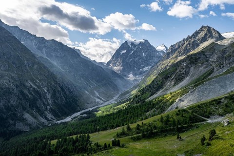 Mountain landscape near Arolla, behind mountain peak Mont Collon, Valais, Western Alps Switzerland