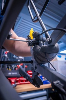 Close-up of a bicycle brake assembly process in a workshop, Waldbike Manufaktur, bicycle workshop,