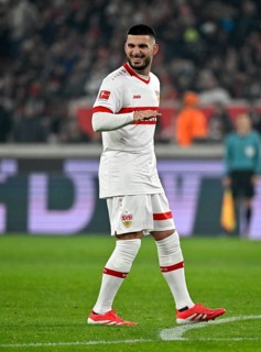 Deniz Undav VfB Stuttgart (26) laughs, good mood, MHPArena, MHP Arena Stuttgart, Baden-Württemberg,