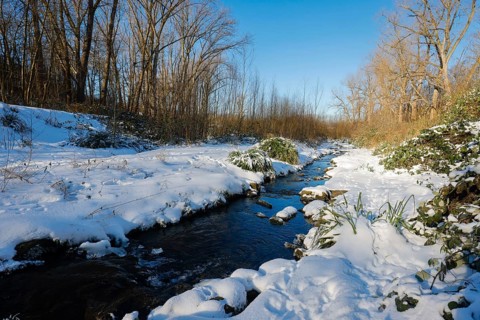 Bochum, North Rhine-Westphalia, Germany - Sunny winter landscape in the Ruhr area, ice and snow on