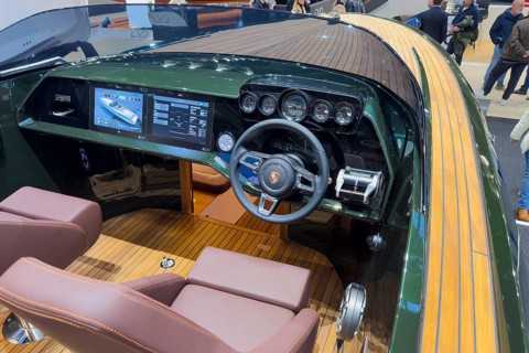 View of steering position cockpit with Porsche steering wheel as in 911 instrument panel display of