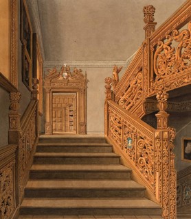Staircase at Blithfield, country house in Staffordshire, England, digitally restored reproduction
