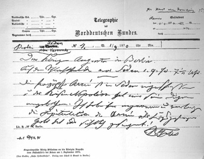 A telegraph of the North German Confederation, the victory dispatch from King Wilhelm to Queen