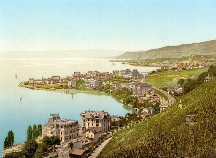 Montreux and Clarens, Geneva Lake, Switzerland, Historic, digitally restored reproduction from a