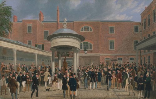 Epsom races, settlement day at Tattersalls, betting shops, horse betting, 1834, Historical,
