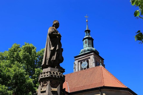 Regiomontanus Fountain on the market square and late Gothic, Evangelical-Lutheran St Mary's Church,
