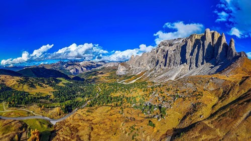 The peaks of the Puez Group, panoramic photo, drone photo, Val Gardena, Dolomites, Autonomous