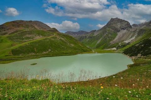 The Riffelsee lake in the Pitztal valley, in the background the Hohe Kogel (3042 m), Tyrol,
