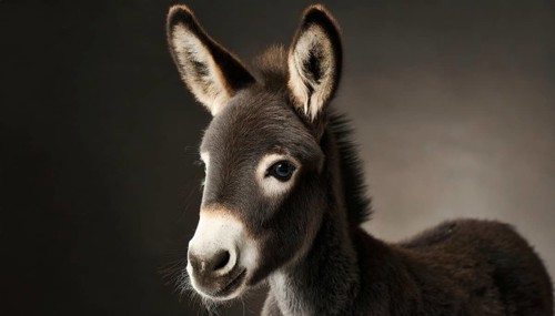 Young donkey, foal, 2 weeks old, portrait in front of dark background