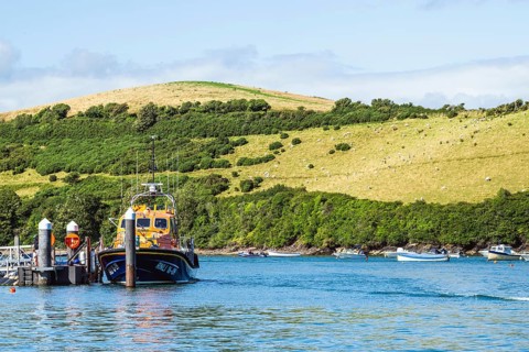 RNLI Salcombe Lifeboat Station boat in Salcombe, Kingsbridge Estuary, Batson Creek, Southpool