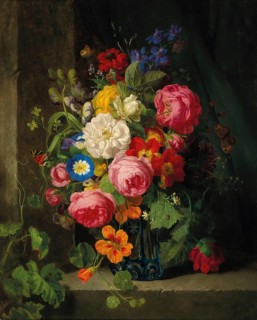 A large bouquet of flowers with roses, nasturtiums and butterflies, painting by Josef Lauer (1818,
