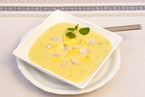 Swabian cuisine, brain soup with egg garnish, offal, calf's brain, regional, soup served in a bowl,