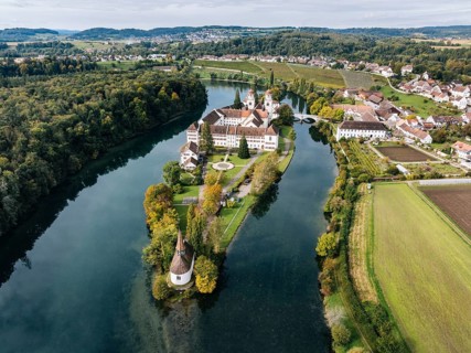 Aerial view of the former Benedictine abbey with the monastery church of St Mary and the pointed
