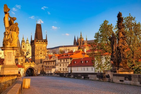 Lesser Town Bridge Tower in the early morning, Charles Bridge in Prague, Czech Republic, Europe