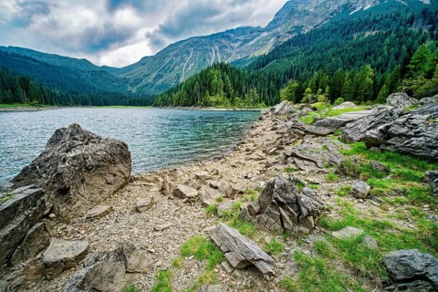 Obernberger See, mountain lake, landscape of the Stubai Alps, weather mood, cloud mood, Obernberg