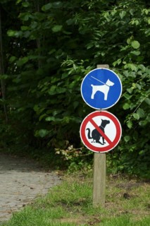 Signs 'Dog excrement prohibited' and 'Dogs on a lead' in a park, North Rhine-Westphalia, Germany,