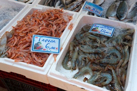 Detailed view of fresh prawns at a fish market. They are displayed in white crates with price tags,