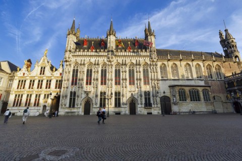 Pedestrians on Castle Square with City Hall, Bruges, Bruges, Belgium, Europe