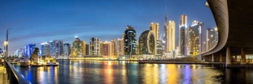 View of Dubai Burj Khalifa skyline tallest building in the world in Downtown Panorama at night in