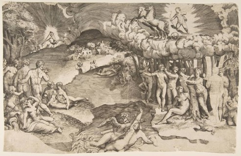 The Triumph of Love, Cupid riding on a chariot drawn by a unicorn, can be seen at top right, nude