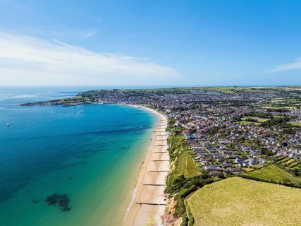 Swanage from Ballard Cliff from a drone, Jurassic Coast, Dorset Coast, Poole, England, United