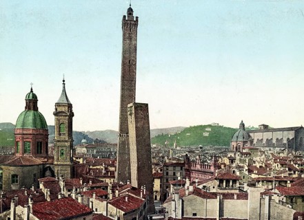 The two leaning towers Garisenda and Asinelli in Bologna, Italy, 1890, Historical, digitally