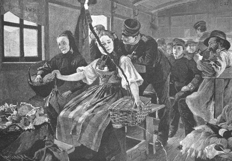 Scene on the Swabian railway, girls with baskets on their way to the market, soldiers, farmers, all