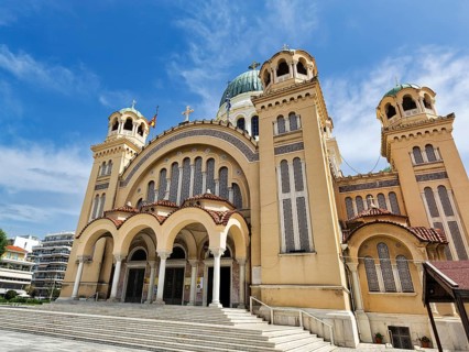 Neo-Byzantine church of Agios Andreas, cathedral, place of pilgrimage for Orthodox Christians, side