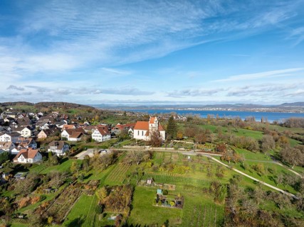 Aerial view of the municipality of Horn on the Höri peninsula with the church of St. Johann and