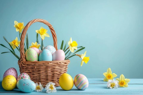 Easter eggs in a basket with daffodils Flowers in spring Greeting card with text free space