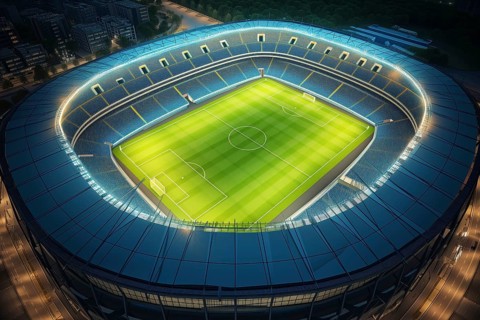 Aerial bird eye top view of a soccer football field stadium in night, AI generated