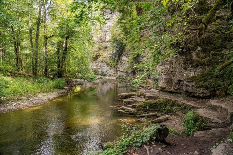 Rock face and the river Wutach in the Wutach Gorge, Black Forest, Baden-Württemberg, Germany,