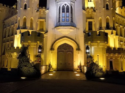 Illuminated castle at night. Hluboká is a historic château situated in Hluboká nad Vltavou. and is