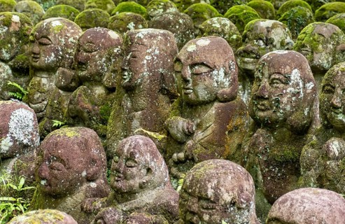 Moss-covered stone statues of rakans, the disciples of Buddha, Otagi Nenbutsu-ji temple, Kyoto,