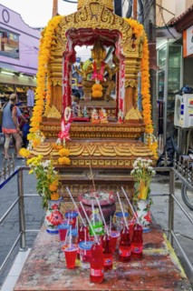 Small Buddhist temple with offering, religion, Buddhism, worship, God, Buddha, Asian, history,