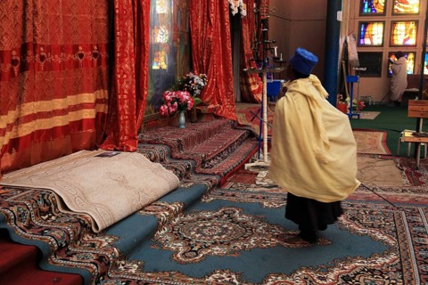 Europia district, Lipanus monastery in Debre Lebanon, pilgrims praying, Ethiopia, Africa