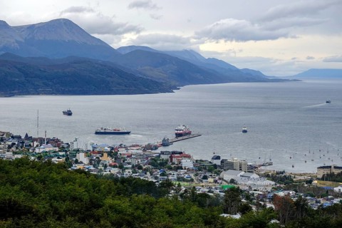 Ushuaia, Tierra del Fuego, Argentina, sunrise over the Beagle Channel, the Beagle Channel is a