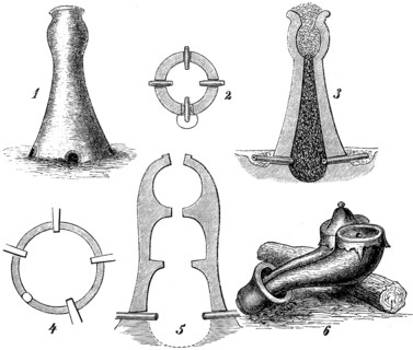Forging iron in a clay furnace, two cross-sections and ground plans (1-3 and 4-5 Uganda) and