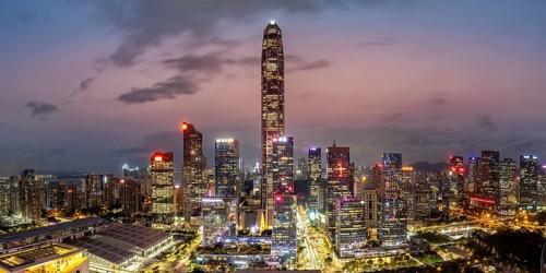 Skyline with skyscrapers city centre Futian district panorama at night in Shenzhen, China, Asia