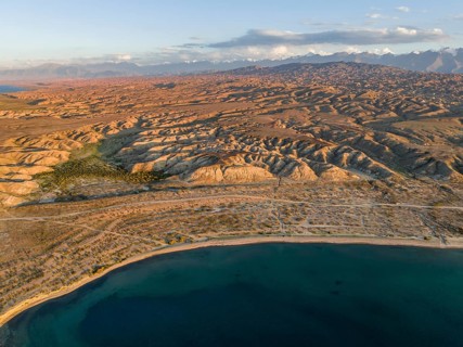 Aerial view, landscape at Lake Issyk Kul, Kyrgyzstan, Asia