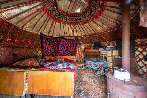 Interior photo, traditional yurt, Kyrgyzstan, Asia