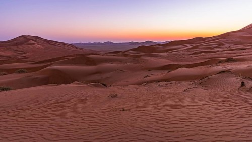 Wind-sculpted sand dunes at sunrise in the Rub al Khali desert, Dhofar province, Arabian Peninsula,