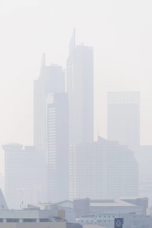 View from Golden Mount through smoky, poor visibility, high humidity to the skyline of Bangkok,