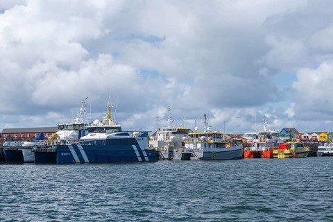 Supply vessels for offshore wind turbines, catamarans, offshore island of Helgoland, North Sea,
