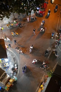 Mopeds in the old town at night, bird's eye view, Hanoi, Vietnam, Asia