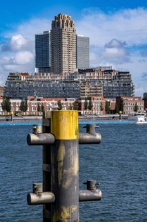 Harbour basin of the Maashaven, inland waterway port, jetties, residential buildings in the Kop van