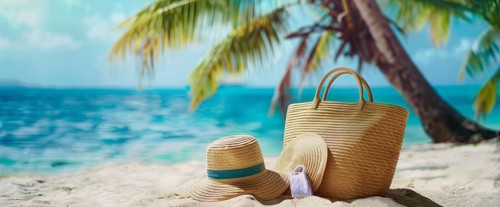 Beach scene with a straw hat, beach bag. Summer vacation, palm trees and ocean in the background,
