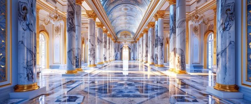 Royal palace decorated with marble and gold. Luxury expensive columns and ornaments in royal style,