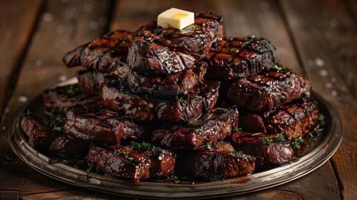 Plate with A stack of several grilled steaks with butter on top. generative AI, AI generated